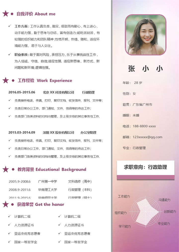 淡紫色行政助理个人求职简历Word模板-办公资源网