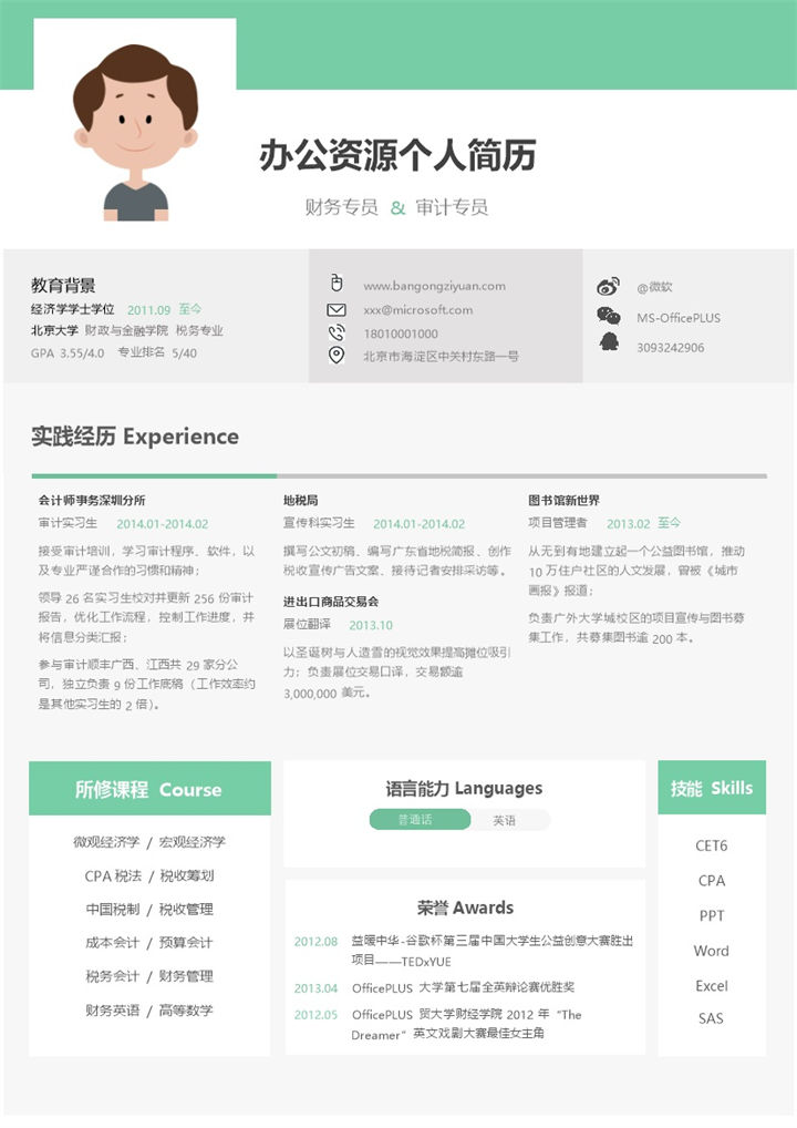 绿色简约风格财务审计专员个人求职简历Word模板-办公资源网