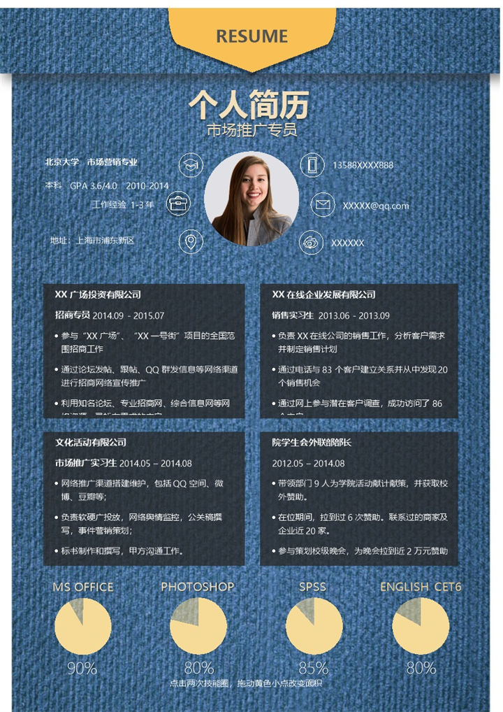 蓝色创意市场推广专员个人求职简历Word模板-办公资源网