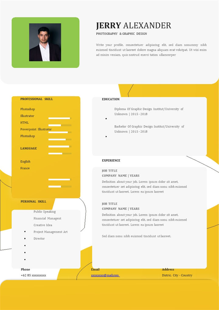 黄色实用商务风格个人求职英文简历Word模板-办公资源网