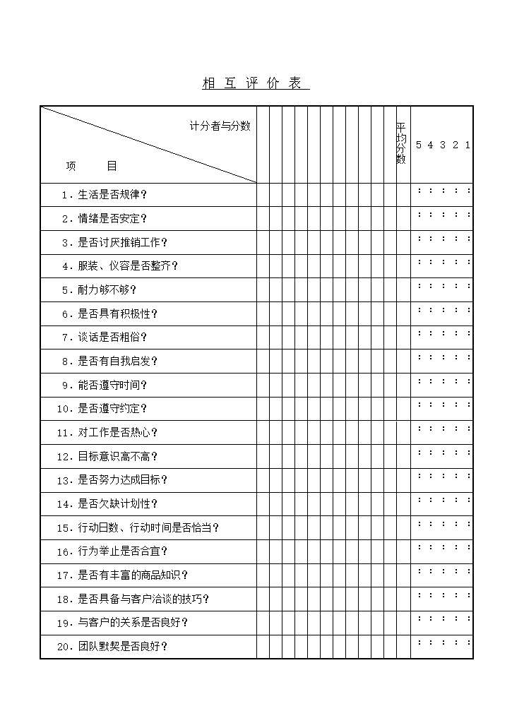 相互评价表员工互评word模板-办公资源网