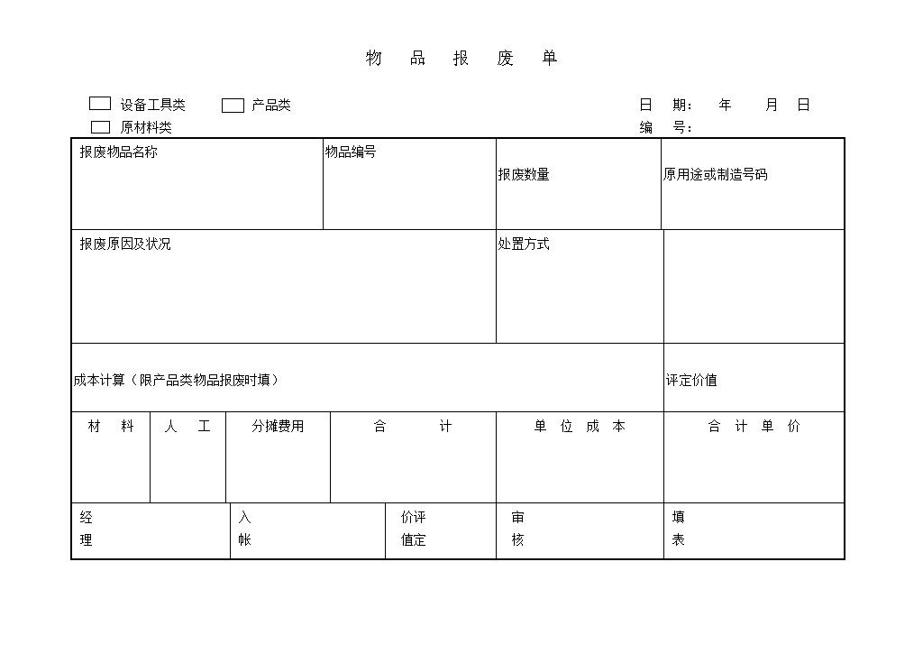 公司物品物料报废数量原因记录统计单word模板-办公资源网