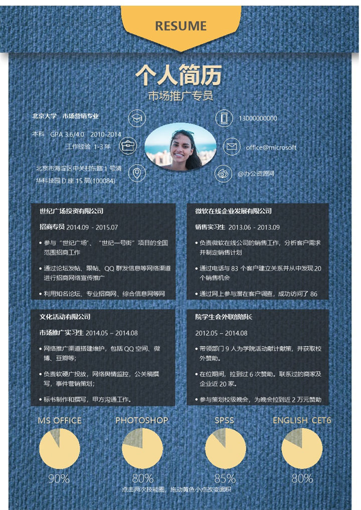 简洁蓝色市场推广专员个人求职简历Word模板-办公资源网