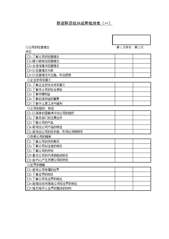 公司新进职员培训成果检测表Word模板-办公资源网