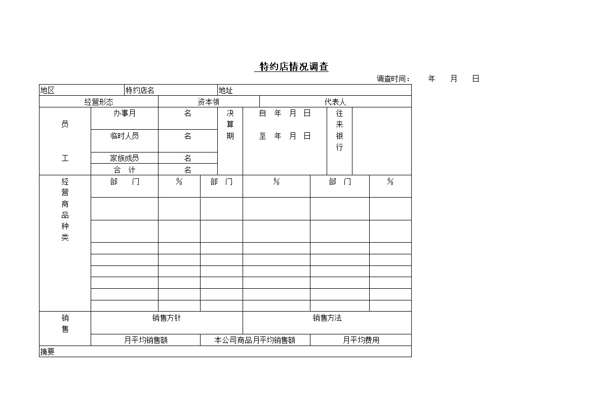 特约店经营情况调查word模板-办公资源网
