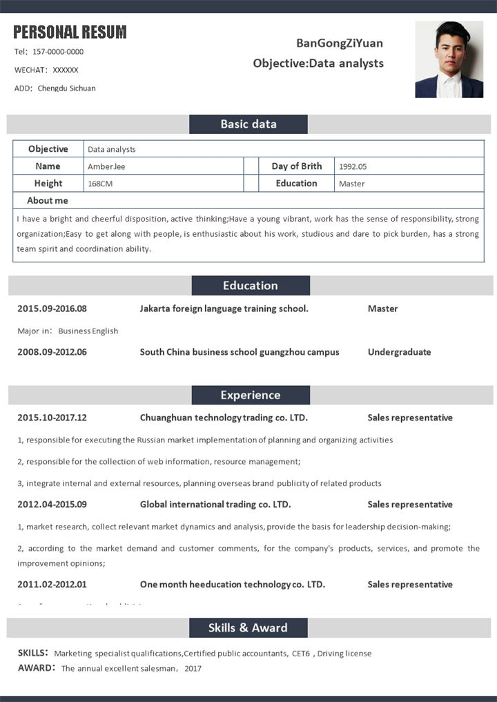 数据分析员英文版个人工作简历Word模板-办公资源网