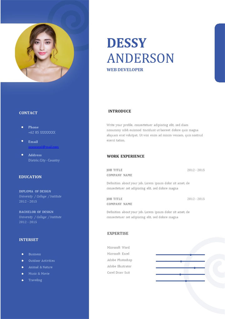 深蓝色商务风格个人应聘求职英文简历Word模板-办公资源网