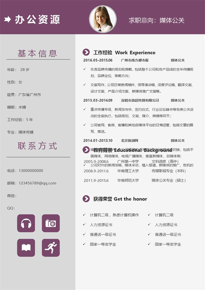 紫色简约通用媒体公关个人求职简历Word模板-办公资源网