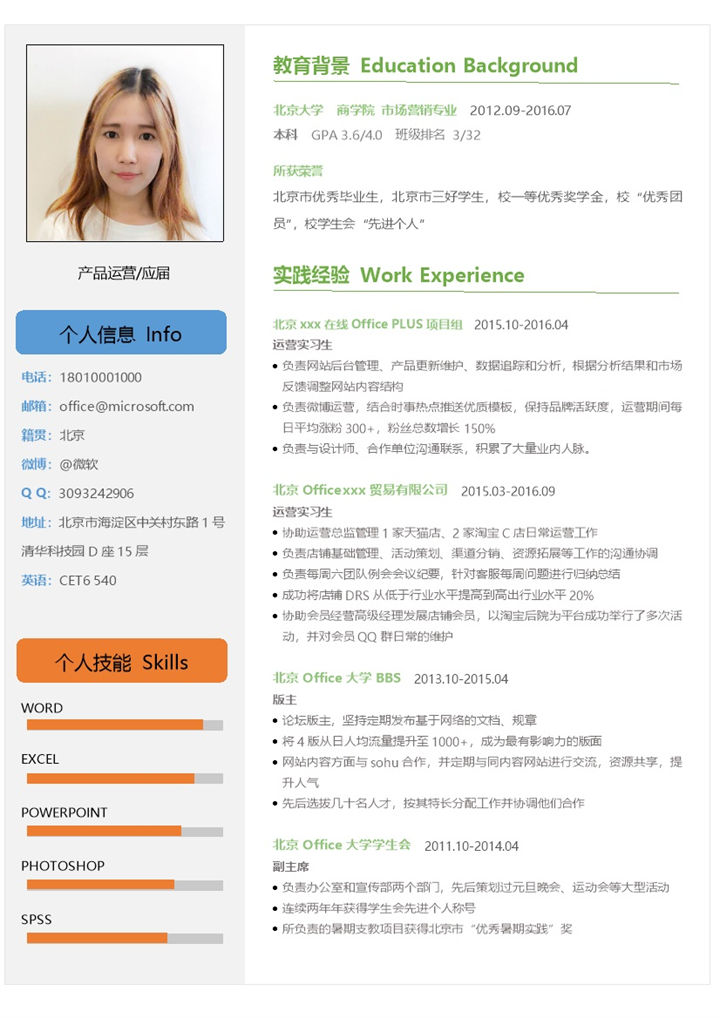 应届生产品运营方面求职简历Word模板-办公资源网
