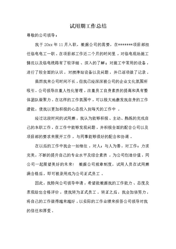 公司实用员工试用期工作总结详情报告书word模板-办公资源网