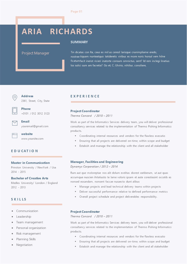 蓝色外企项目管理经理求职通用英文简历Word模板-办公资源网