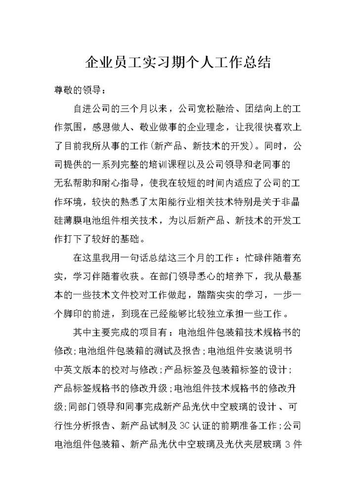 企业员工通用实习期个人工作总结范本Word模板-办公资源网