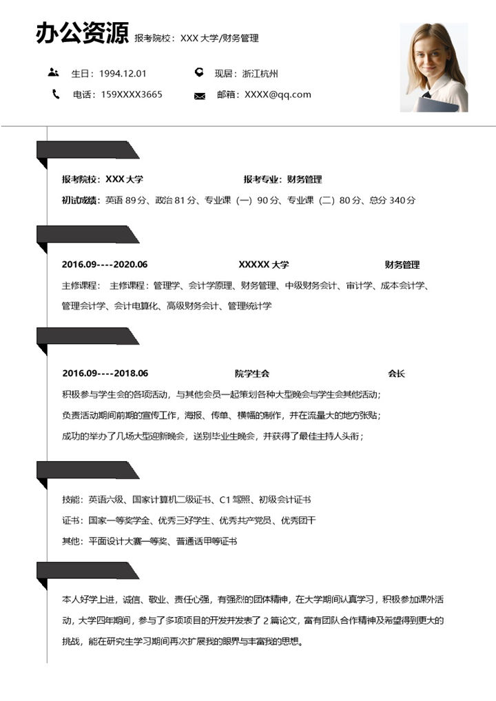 简洁实用财务管理专业研究生个人复试简历Word模板-办公资源网