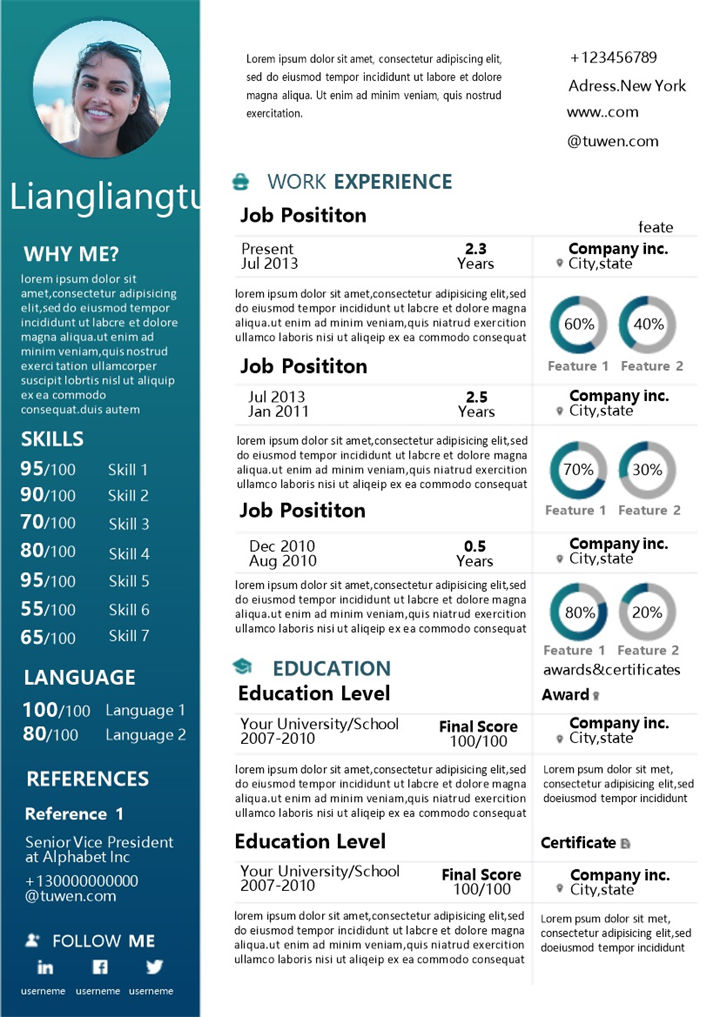 蓝色经典简约全英文外企应聘求职简历Word模板-办公资源网