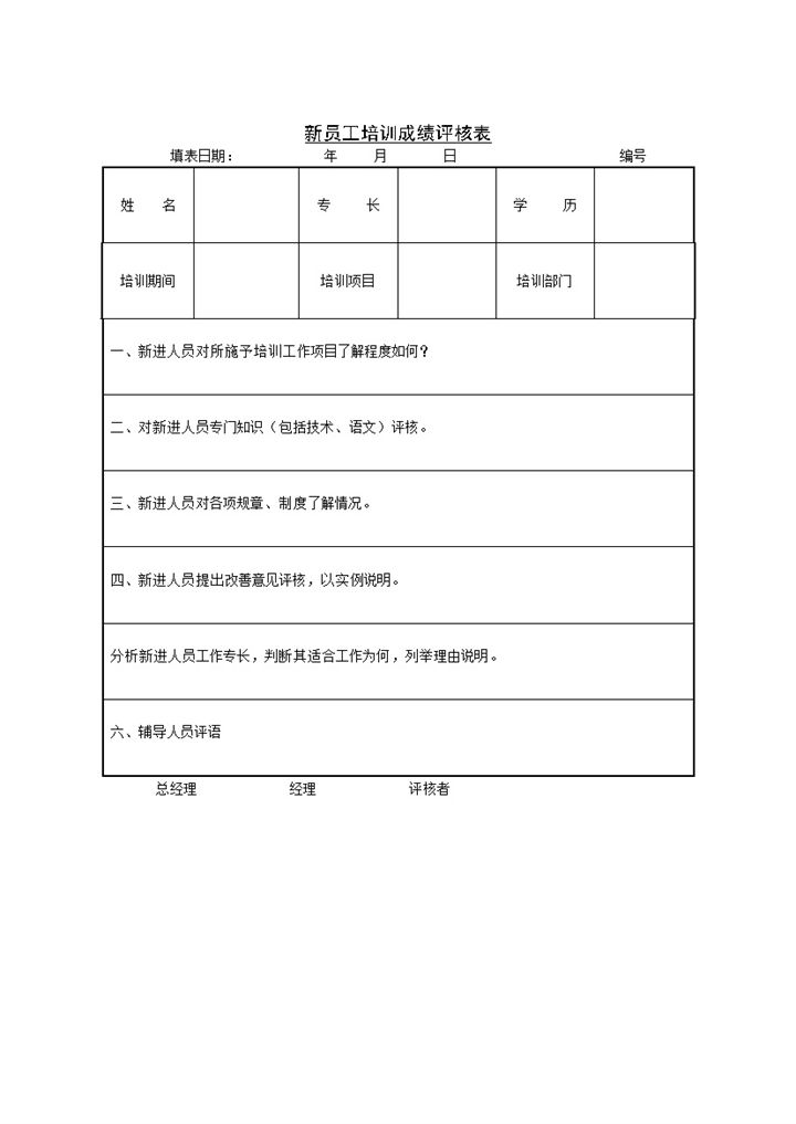 企业新员工培训成绩评核表Word模板-办公资源网