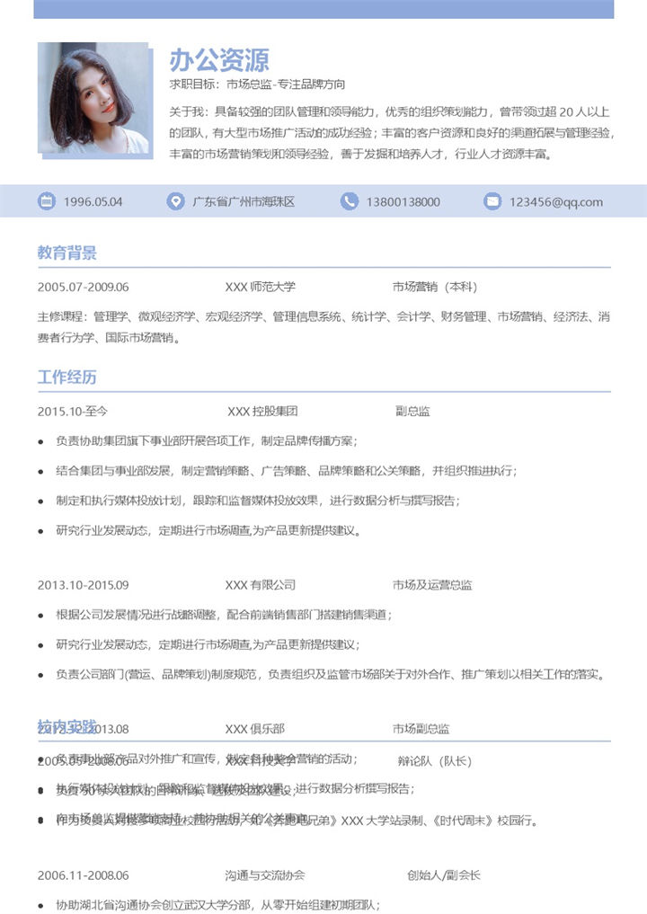 精美大气市场总监个人工作简历Word模板-办公资源网