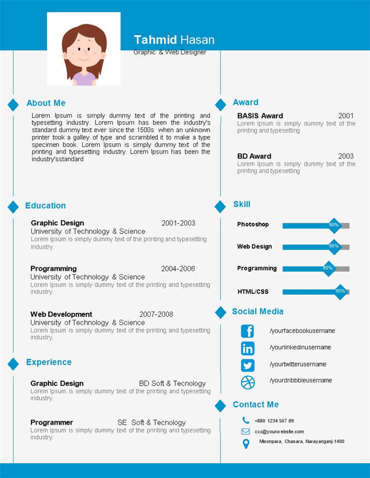 浅蓝色英文个人简介求职简历Word模板-办公资源网