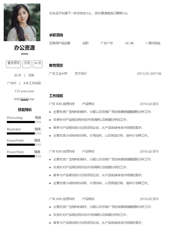 白色互联网产品运营相关岗位通用简历Word模板-办公资源网