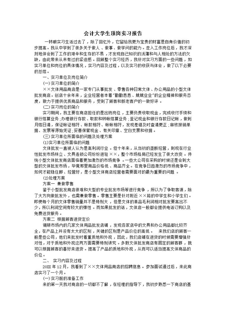 实用简约风格商店大学生会计顶岗实习报告范本Word模板-办公资源网