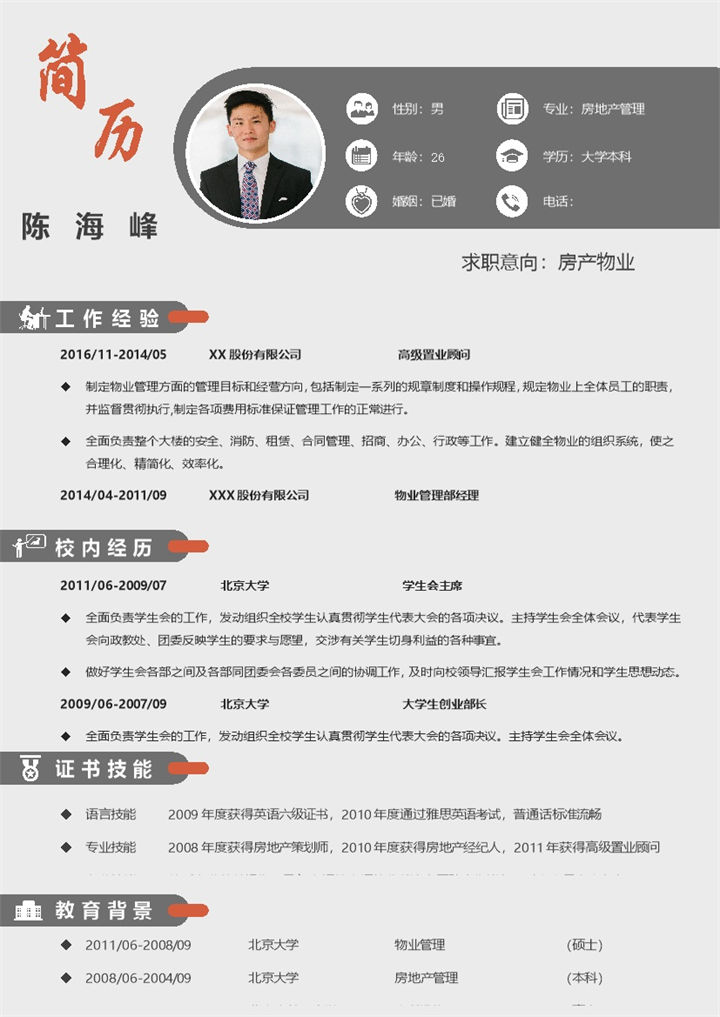 灰色商务风格房产物业求职简历Word模板-办公资源网