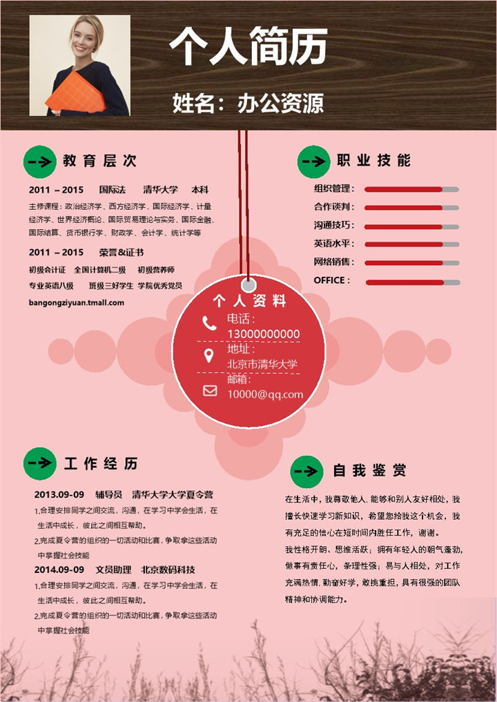粉色淡雅清新风个人应聘求职简历Word模板 (2)-办公资源网