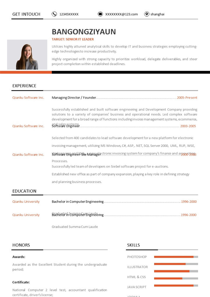 白色商务风格高级IT主管个人求职英文简历Word模板-办公资源网