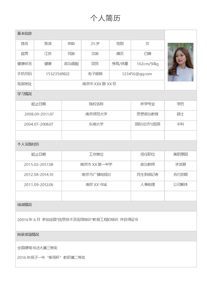 教师人事助理岗位个人求职简历Word模板-办公资源网