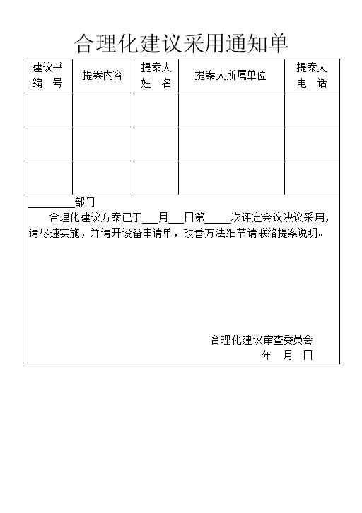 企业单位合理化建议采用通知单Word模板-办公资源网