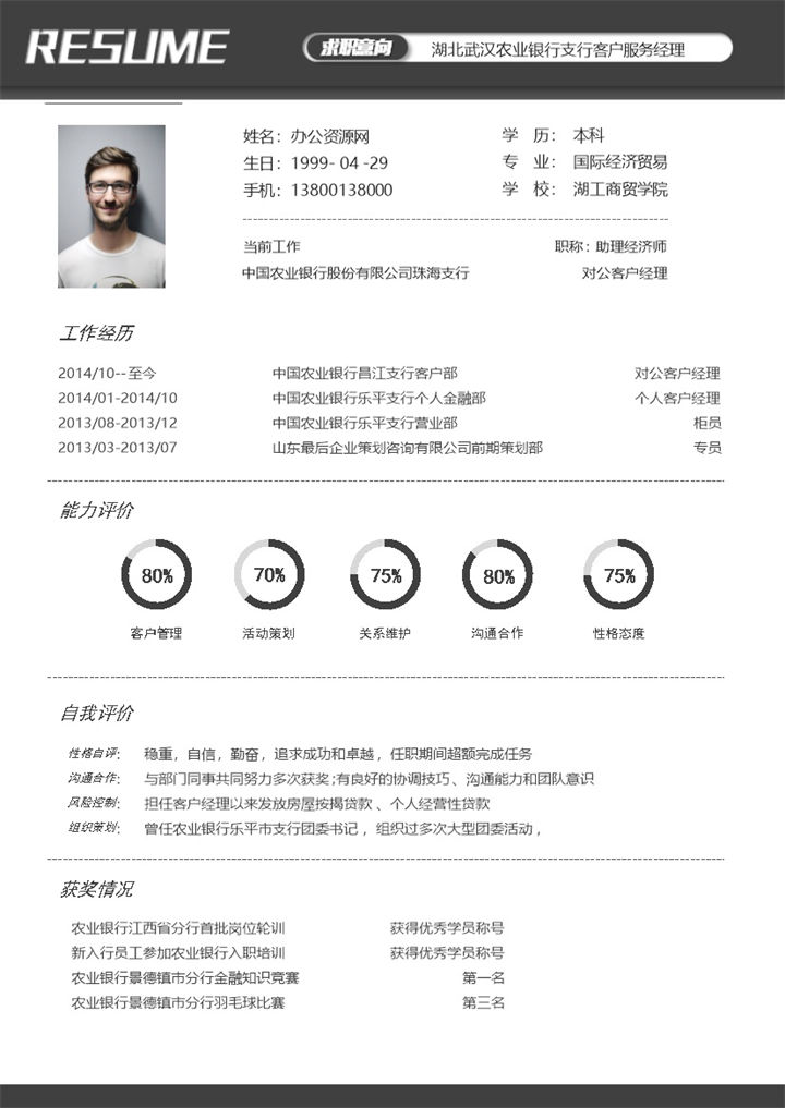 黑白商务风格客户服务经理岗位个人求职简历Word模板-办公资源网