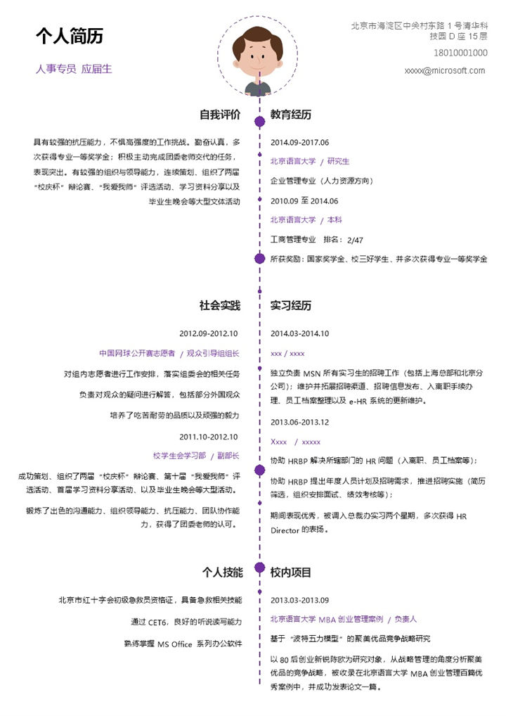 对称分布人事专员求职简历Word模板-办公资源网