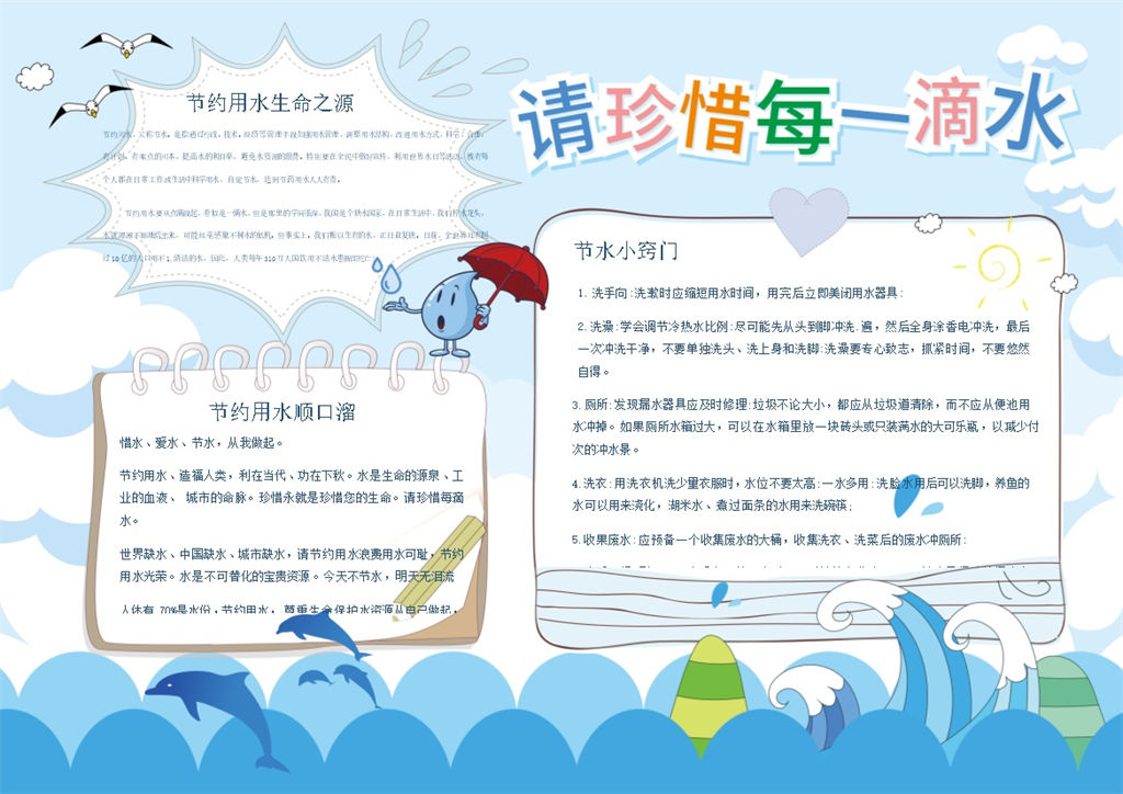 蓝色珍惜水源节约用水手抄报Word模板-办公资源网