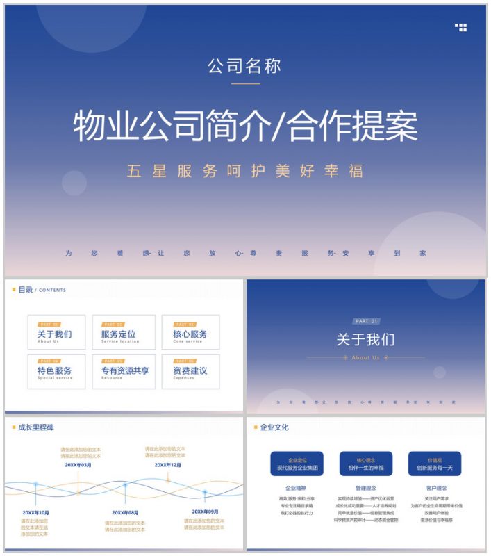 渐变蓝简洁物业公司简介项目合作提案介绍PPT模板-办公资源网