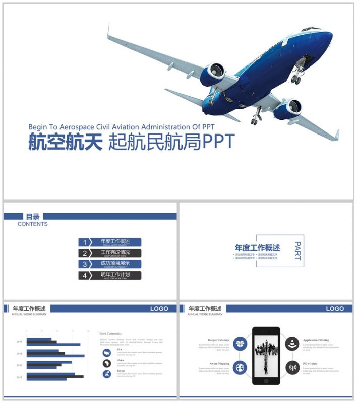 白色简洁航空工作汇报PPT模板-办公资源网