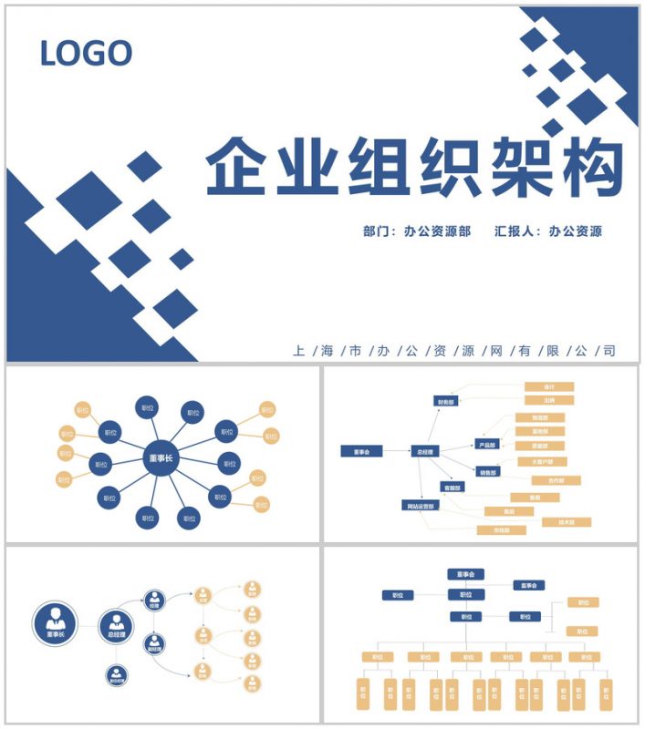 蓝色简约某企业人事组织架构图PPT模板-办公资源网