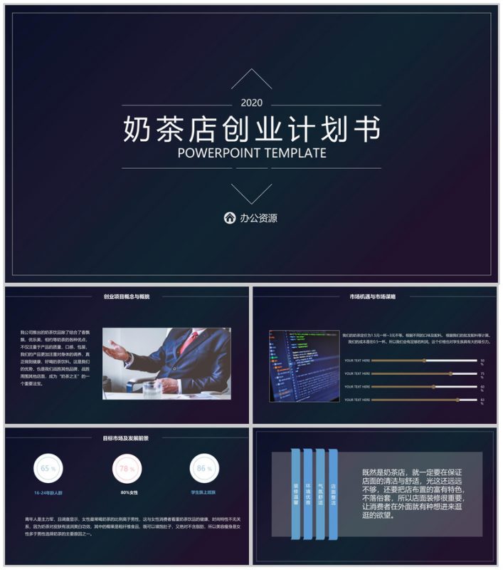 深色渐变风格开奶茶店成本预算及创业计划书PPT模板-办公资源网