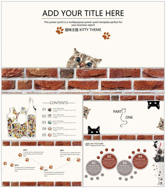 简约创意猫咪主题商业计划书PPT模板-办公资源网