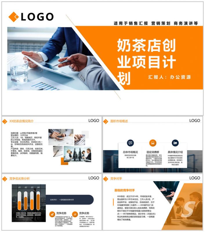 简洁商务风大学生互联网大赛XX奶茶店创业项目计划PPT模板-办公资源网