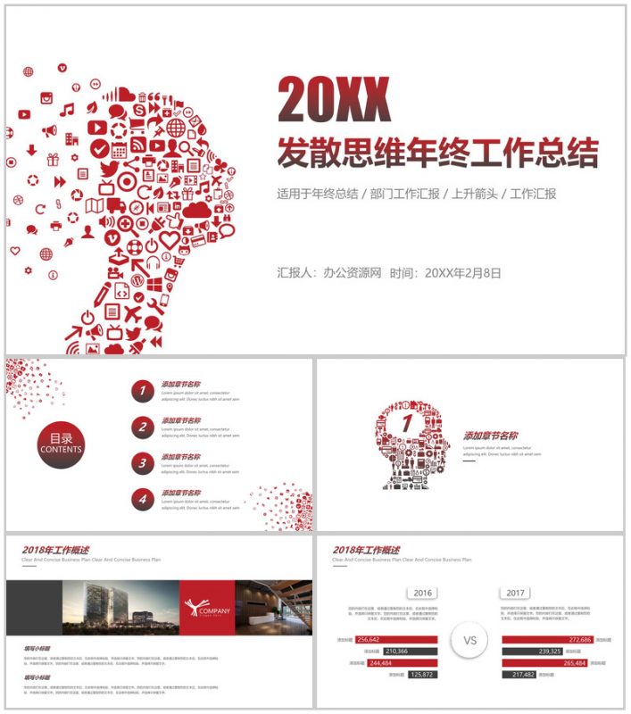 发散思维年终工作汇报思维导图PPT模板-办公资源网