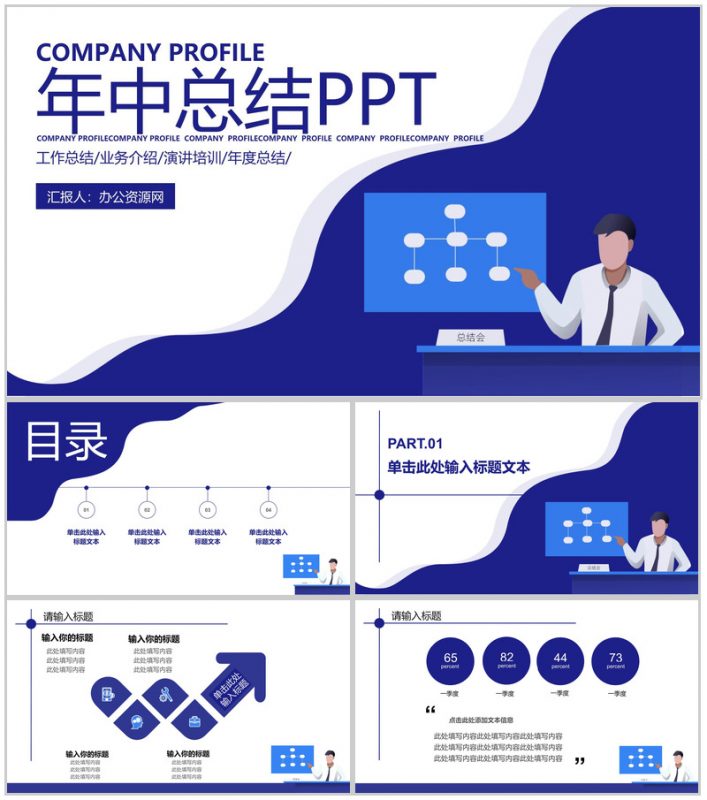 蓝色扁平化2.5D设计年中总结演讲培训PPT模板-办公资源网