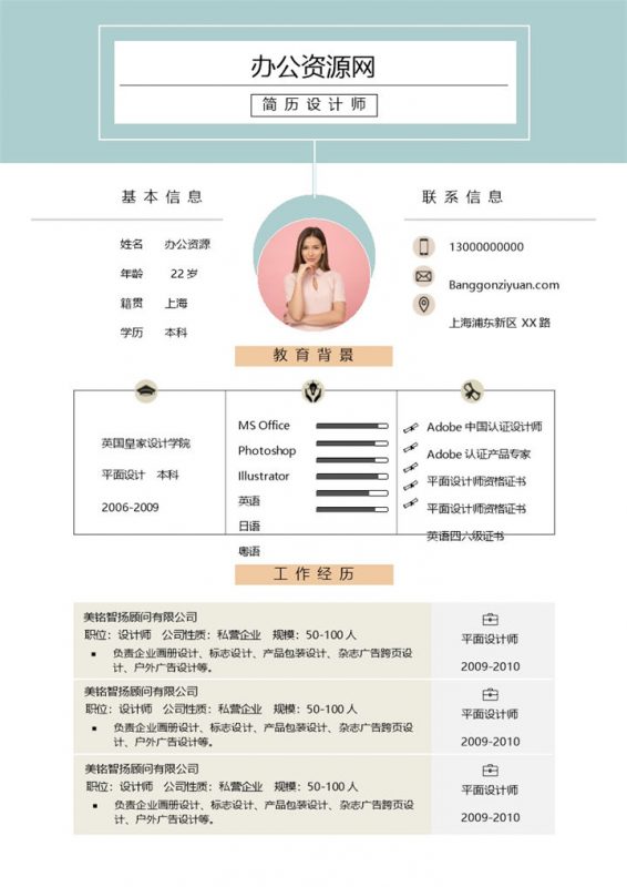 小清新双页应届毕业生求职应聘简历Word模板-办公资源网