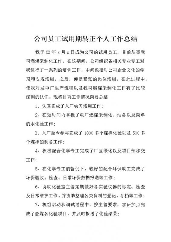 新版公司员工试用期转正通用的个人工作总结范本Word模板-办公资源网