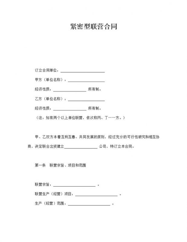 紧密型联营合作投资开公司合同范本word模板-办公资源网