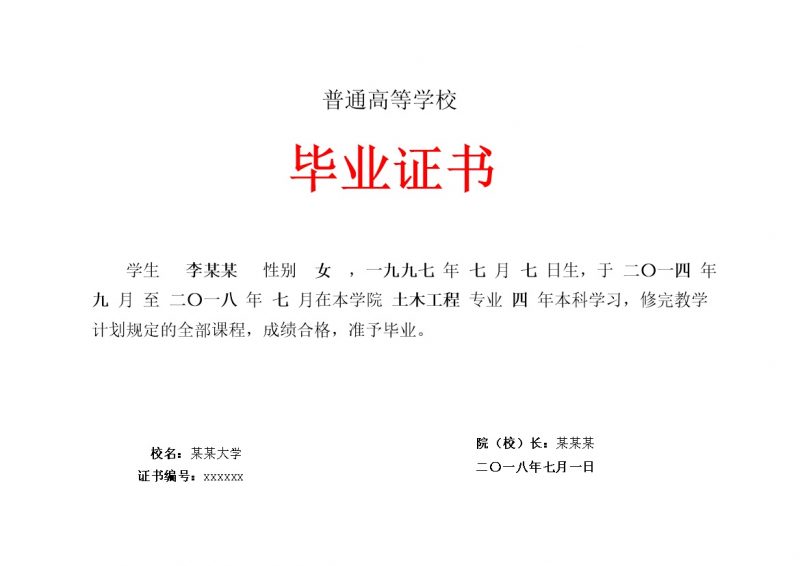 普通高等学校毕业证书样式word模板-办公资源网