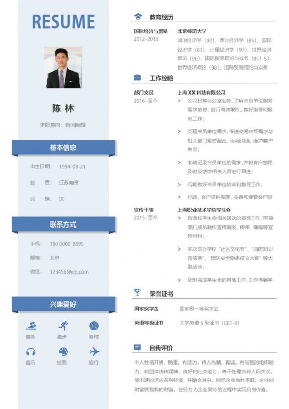 时尚简约新闻编辑工作求职简历Word模板-办公资源网