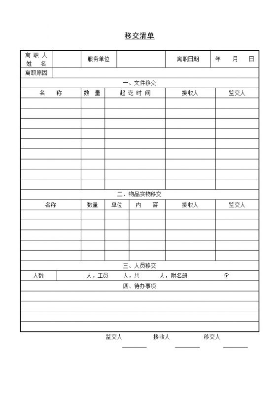 离职员工工作资料移交清单Word模板-办公资源网