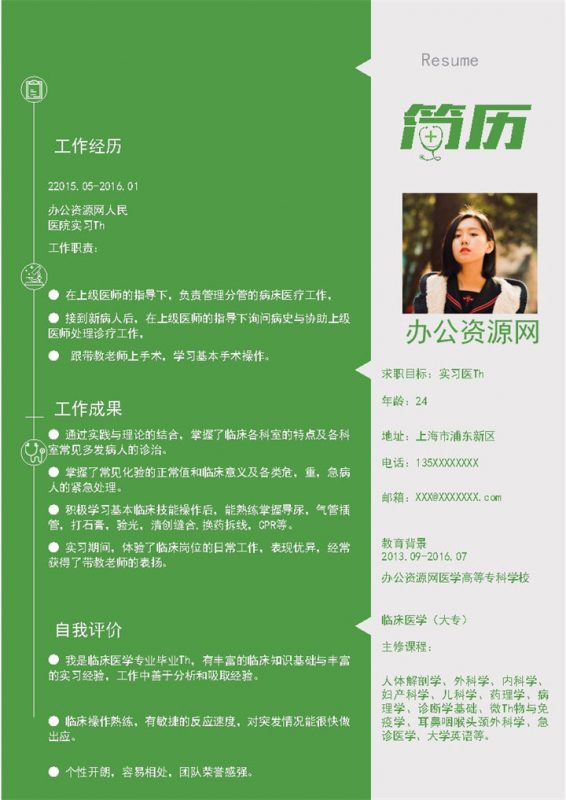 绿色简约风格临床医学专业个人简历Word模板-办公资源网
