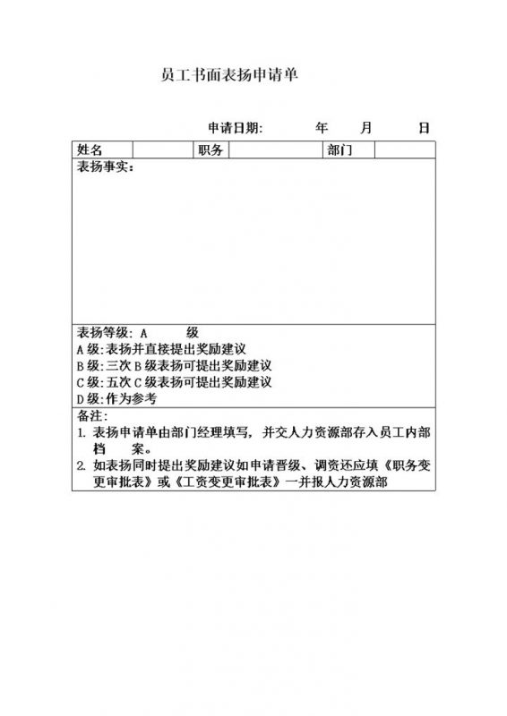 部门员工书面表扬申请单word模板-办公资源网