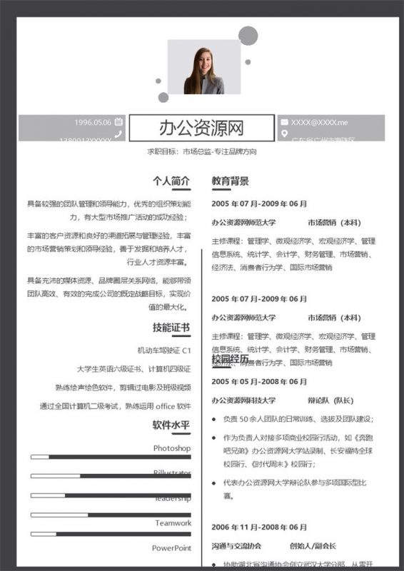 灰色商务风格市场总监个人求职简历Word模板-办公资源网