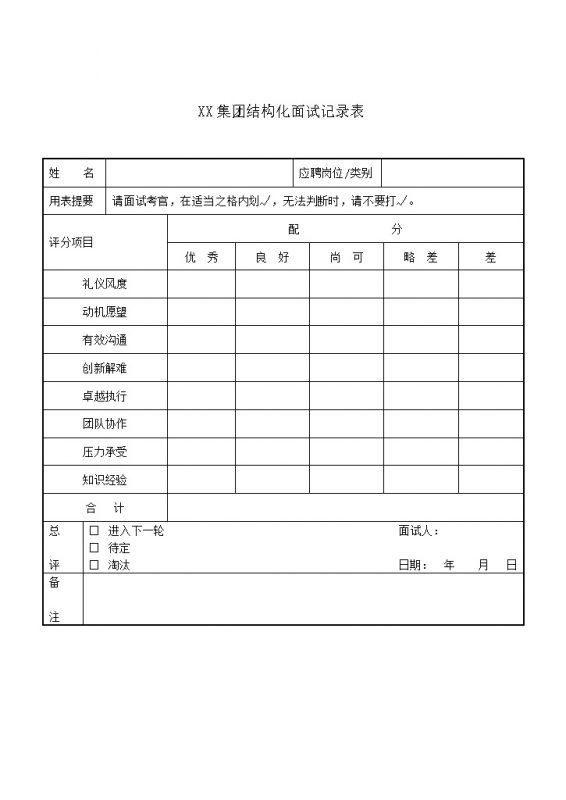 XX集团结构化面试记录表word模板-办公资源网