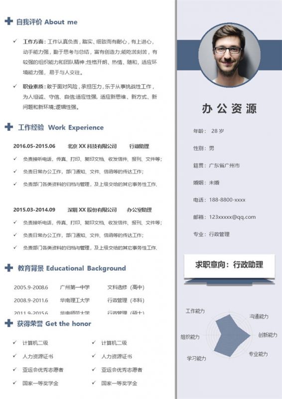 淡紫色唯美清新行政助理求职简历Word模板-办公资源网